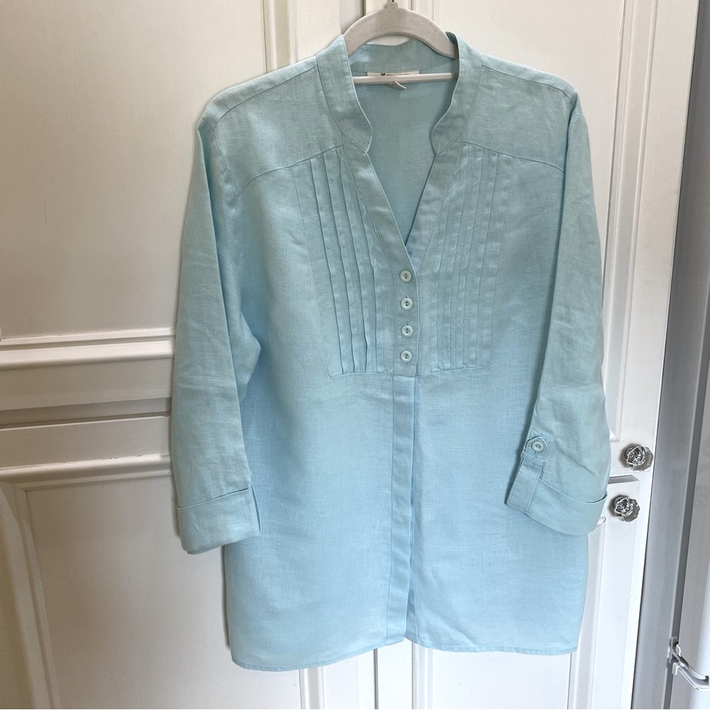 JM Collection size 12 Pale Blue Mint 100% Linen Blouse Long Roll Tab Sleeve